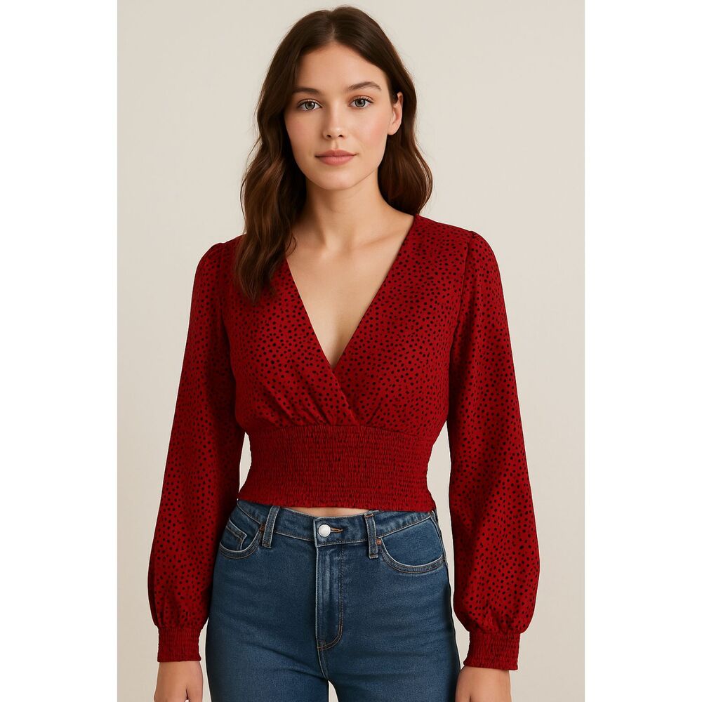 Lyaner Crop Top Womens L Red Polka Dot Smocked Waist Balloon Sleeve Party Boho